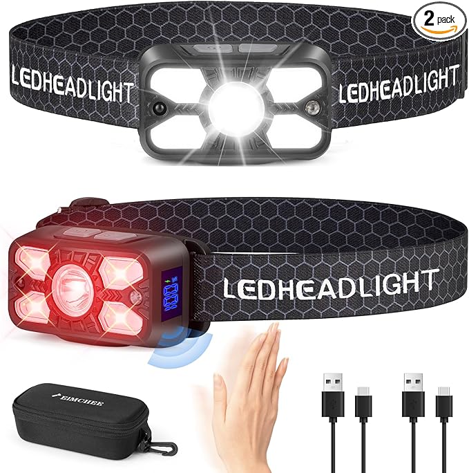 Rechargeable Headlamp 2 Pack, 2500 Lumen Bright 5 LED Headlight, 7 Modes Adjustable Motion Sensor, USB-C Waterproof Head Flashlight, Outdoor Hiking Camping Fishing (5 Led Headlamp)