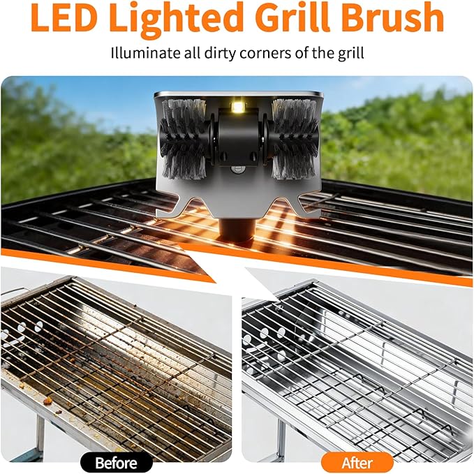 Rechargeable Electric BBQ Grill Brush, 2600mAh Battery, 2-Speed Power, LED Light, 100 Mins Long Runtime, 304 Stainless Steel Heat Resistant Grill Cleaner for Outdoor Camping & Grilling