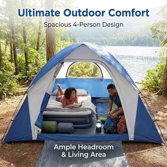 XL 4 Person Dome Camping Tent, Double Layer Waterproof, Removable Rain Fly, for Outdoor Hiking, Fishing