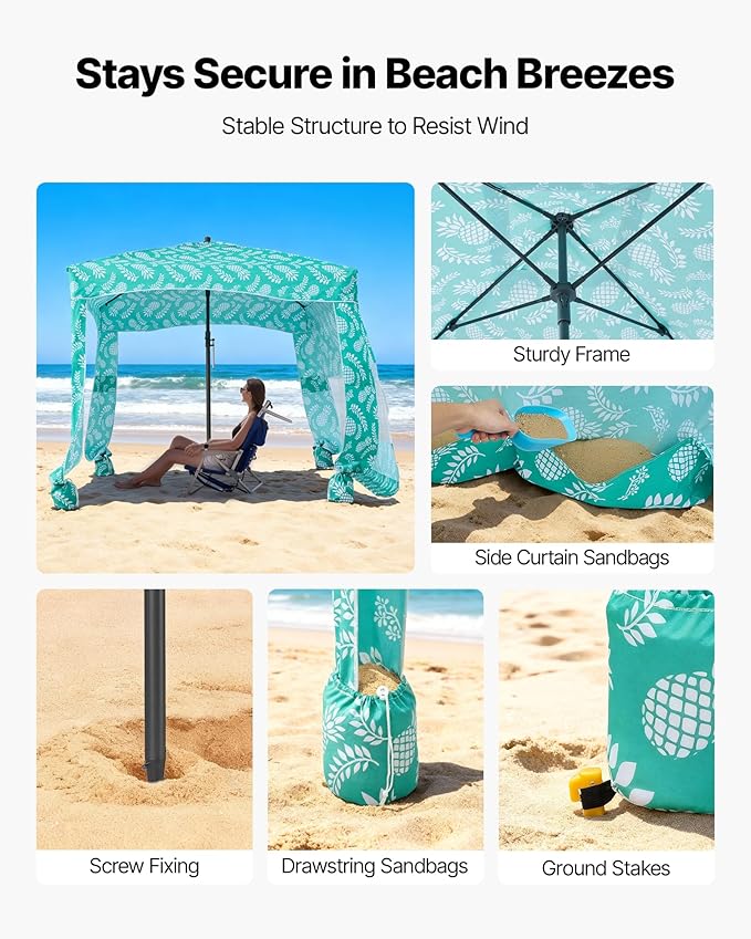 VEVOR Beach Cabana, 6 x 6 ft Beach Canopy with Side Wall, UPF 50+ Protection Easy Setup Cabana Tent with Sand Pockets, Large Portable Shade Sun Shelter, Outdoor Umbrella for Whole Family & Friends
