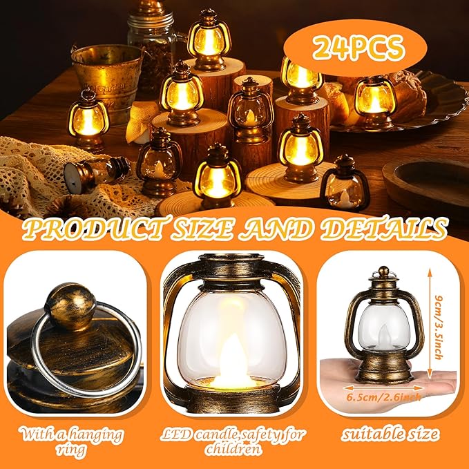 Ferraycle 24 Pcs Mini Lantern Decor 4 Inch Western Lantern Table Centerpiece Small Vintage Camping Hanging Lamp Ornaments Bulk for Cowboy Cowgirl Wedding Halloween Christmas (4 Inch,Retro Gold)