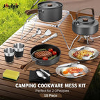 18Pcs Camping Cookware Mess Kit, Joyfair 7.8” Nonstick Camp Cooking Utensil Set (Pot, Pan, Kettle, Grill Grate), Outdoor Backpacking Gear Open Fire Essentials Accessories, Compact/Portable/Lightweight