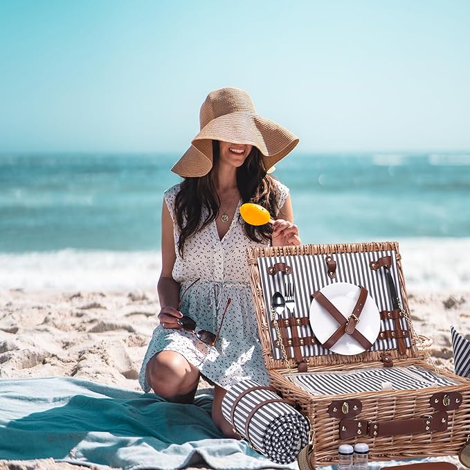 Picnic Basket with Blanket and Wine Pouch for 2 Wicker Picnic Set with Insulated Liner Cooler Bag Hamper for Camping,Wedding - Stripes