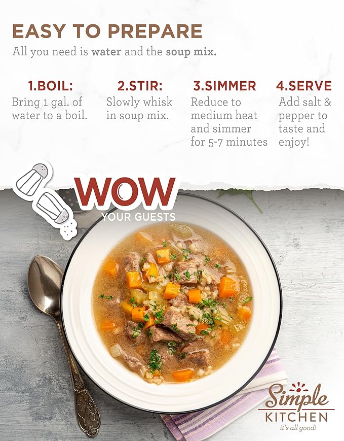 Simple Kitchen Vegetable Beef & Barley Soup Mix - 17 Servings for Family Meal Prep, Vegetarian, Gluten Free, Dehydrated & Freeze Dried Survival Food for Camping Meals & Hiking, Survival Kit, Pack of 4
