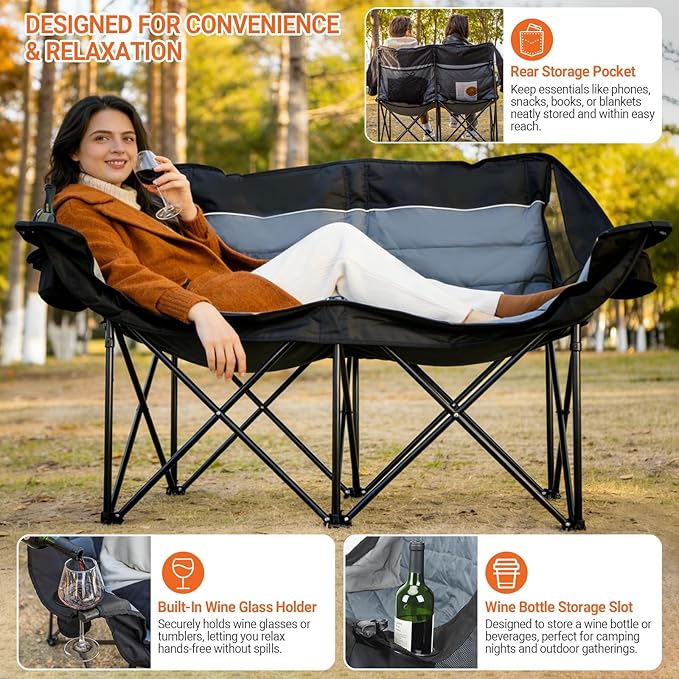 Double Camping Chair for Adults - Heavy Duty 700LB Oversized Padded Camping Loveseat, 2 Person Folding Outdoor Chair with Cup Holders for Lawn, Backyard (Grey)