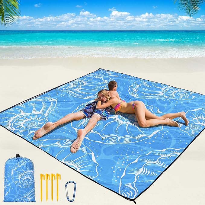 Beach Blanket Waterproof Sandproof Beach Mat 79" X 83"/10'x9'for 2-8 Adults Quick Drying Outdoor Picnic Mat Beach Accessories for Travel, Camping, Hiking