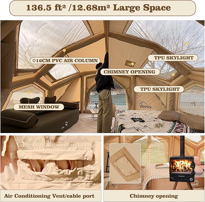 Coody Inflatable Canvas Camping Tents with Stove Jack – Premium Air Beam Family Glamping Tent, Breathable Cotton Canvas, Fast Setup Air Tent with Pump