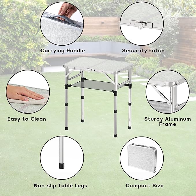 Folding Camping Table, Aluminum 24" x 16" Adjustable Height Max 27.5" with Carrying Handle, Lightweight, Portable Camping Table for Outdoor Indoor Picnic Beach, Silver
