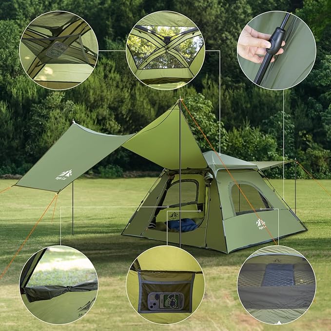 Night Cat 3-Person Camping Tent: Waterproof Instant Cabin Tent with Canopy Tarp for Family, 2-in-1 Canopy Tent with Porch Easy Setup