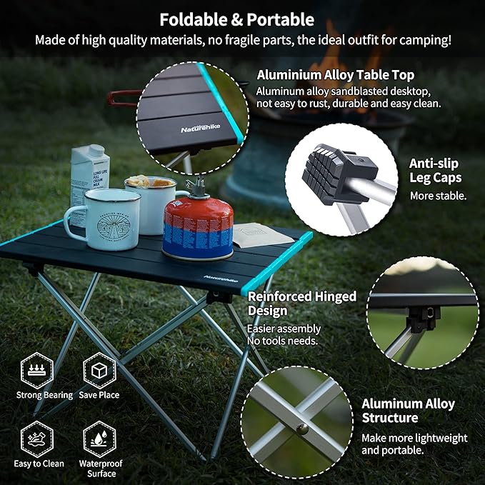 Naturehike FT08 Portable Camping Table, Ultralight Aluminum Folding Beach Table with Carry Bag for Outdoor Cooking, Picnic, Camp, Boat, Travel