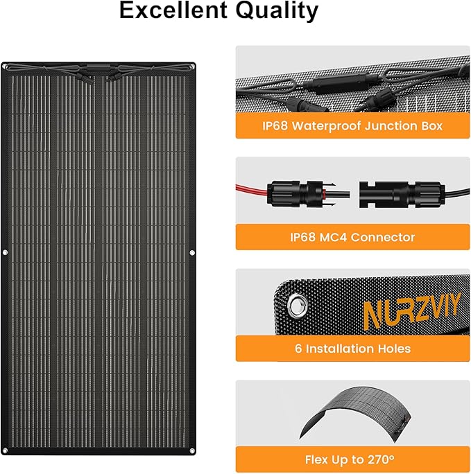 200 Watts Flexible Solar Panel, N Type Portable Bendable 24 Volts 10BB Mono Cell 25.3% Efficiency for RV Camping Home Boat Marine Curve Surface Black