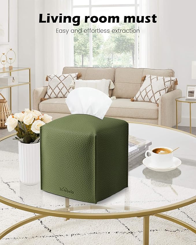 Tissue Box Cover for PU Leather, Modern Simple Solid Color Holder Square Tissue Bag, Ideal for Bathrooms,Office,Car,Nightstand,Outdoor Tent,Dining Table,5"X5"X5", Single Green