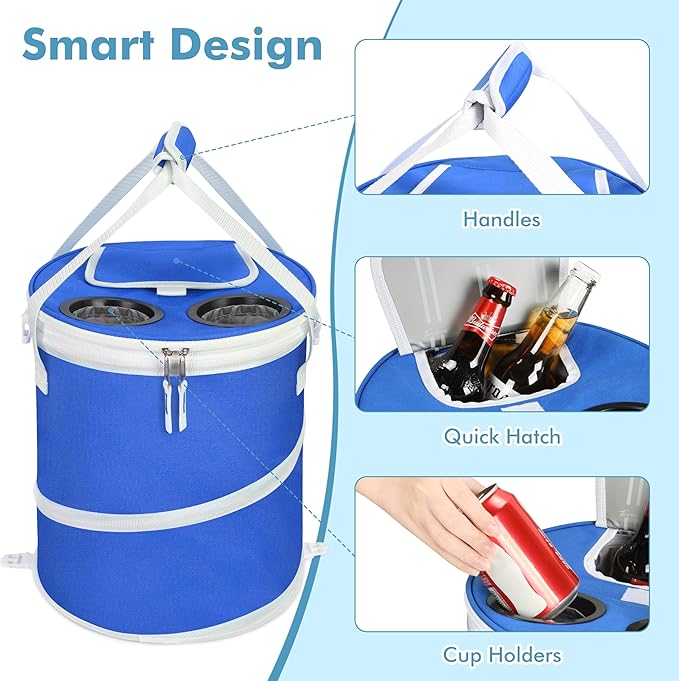 Tirrinia Pop-Up Collapsible Cooler Bag - Insulated, Lightweight with Built-in Cup Holder | Leak-Proof Portable Soft Cooler for Camping, Beach, Picnics, Travel