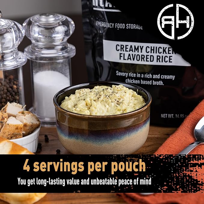 Ready Hour Creamy Chicken Flavored Rice Case Pack – Freeze-Dried Emergency Food with a Long 25-Year Shelf Life, Shelf-Stable Camping Meal and Survival Kit, – 24 Servings (6 Pouches)