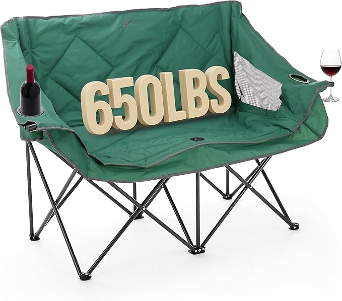 ARROWHEAD OUTDOOR Portable Folding Double Duo Camping Chair Loveseat w/ 2 Cup & Wine Glass Holder, Carrying Bag, Supports up to 500lbs