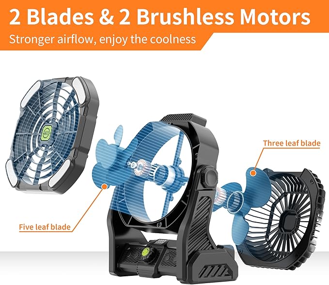 20000mAh Cordless Fan Emergency Portable Rechargeable Fan & Light for Power Outage, Car Defrosting, Indoor - Battery Operated Fan with 270° Pivot, USB, Hook & LED, Portable Camping X26 Black
