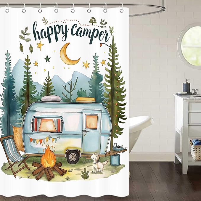 Happy Camper Small Stall RV Shower Curtain Rustic Tree Mountain Adventure Tent Camping Bathroom Curtains Travel Trailer Bathroom Accessories Set with Hooks 48 x 72 Inches