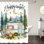 Happy Camper Small Stall RV Shower Curtain Rustic Tree Mountain Adventure Tent Camping Bathroom Curtains Travel Trailer Bathroom Accessories Set with Hooks 48 x 72 Inches