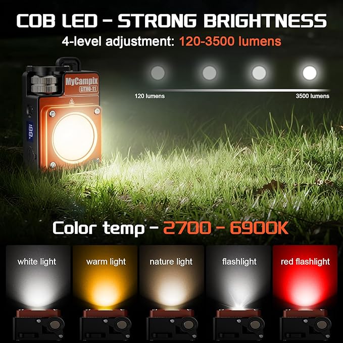Portable Camping Light, 3500LM Adjustable LED Camping Lantern Rechargeable with 2.5-15H Runtime&Screen, Alloy Waterproof Flashlight for Power Outages, Emergency, Hurricane(Orange)