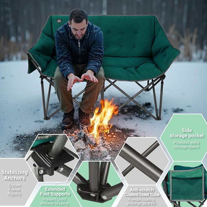 Fuzzy Oversized Folding Double Camping Chairs,Heavy Duty Supports 600 Lbs,Comfy Portable Loveseat for Adults w/Mesh Pocket,Plush Fleece-Lined Lawn Couch for Outdoor/Indoor,Dark Green
