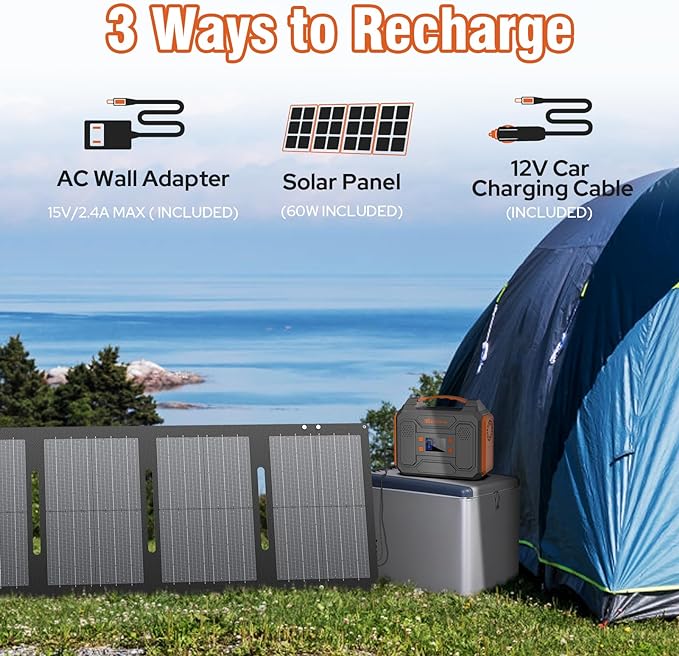 Portable Solar Generator with Panels, 300W Power Station with Solar Panel 60W, 110V AC Outlet Solar Power Pack Generator, Camping 65W Power Bank with DC for Laptop Smart Device RV Outdoor