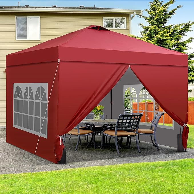 GDY 12x12 Pop Up Canopy Tent with 4 Sidewalls, Easy Set up with One Push Lift Gazebo with Wheel Bag and4 Sandbags,Carpas for Events, Parties,Camping, Red.