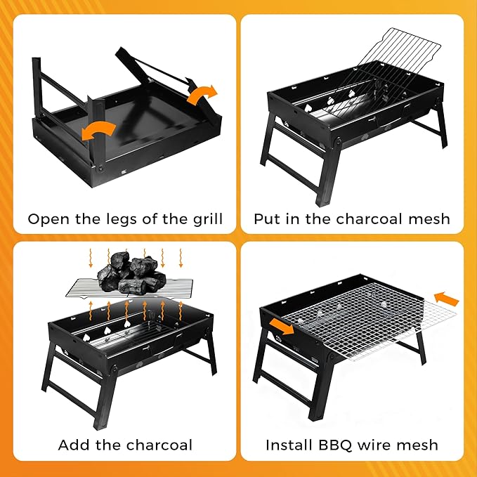 17" Portable Charcoal Grill, Folding Portable BBQ Charcoal Grills, Tabletop Mini Smoker, Small BBQ Grill, for Backyard, Outdoor Cooking, Camping, Travel, Beach