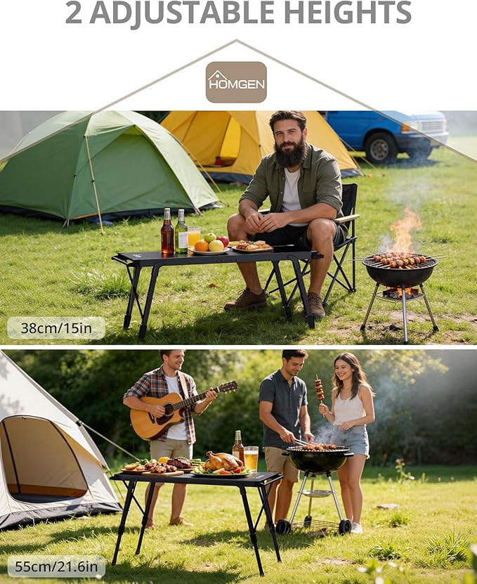 HOMGEN Portable IGT Camping Table Folding-3.5 Unit Modular Table with Adjustable Height 15-21.6 Inches-Standard IGT 0.5 Unit Size-Aluminum Alloy for Camping/Picnic/Barbecue/RV Trip(Side Bars Included)