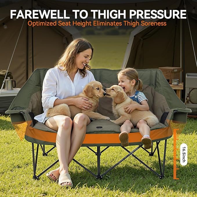 Double Camping Chair Oversized Padded Camping Chairs for Adults Folding Loveseat with Cup Holders and Side Pockets Heavy Duty Outdoor Lawn Chairs for Camping,Sports, Fishing,Beach,Green