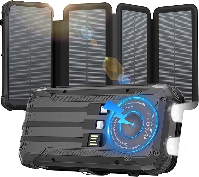 Solar Power Bank 20000mAh Portable Charger Built-in 3 Cables and Wireless Charging Battery Pack Compatible for iPhone, Samsung, IPX5 Waterproof, Bright Flashlight Perfect for Camping,Hiking,Outdoor