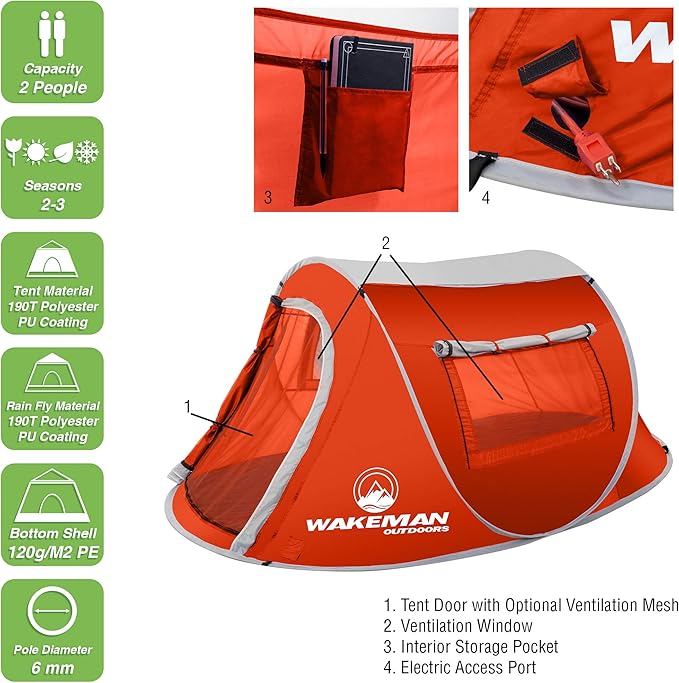 Pop-up Tent 2 Person, Water Resistant Barrel Style Tent for Camping with Rain Fly and Carry Bag, Sunchaser 2-Person Tent by Wakeman Outdoors (Red)