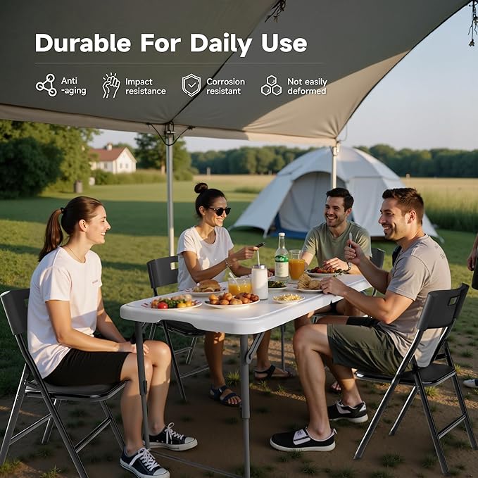 4FT Folding Table Set with 4 Chairs – Heavy-Duty 400 lb Table & 330 lb Chairs, Dual-Height Adjustment, Portable Folding Furniture Set for Camping, Parties, Indoor & Outdoor Use