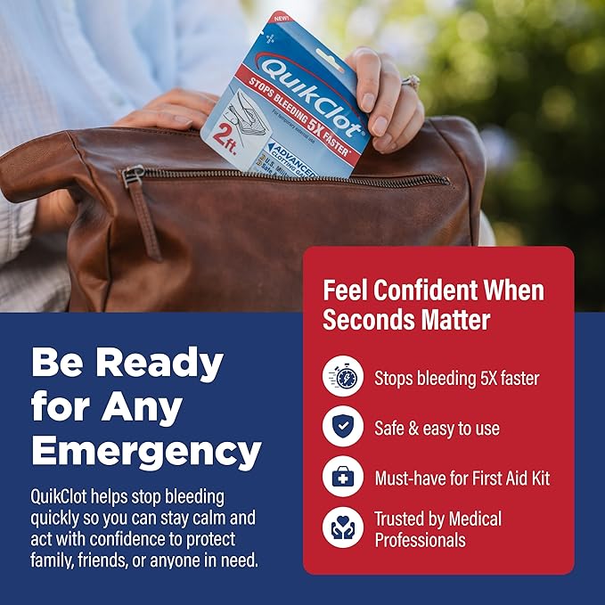 Adventure Medical Kits QuikClot Advanced Clotting Gauze - Stops Bleeding Up to 5X Faster Than Standard Gauze - Kaolin Hemostatic Dressing - for First Aid Kits & Survival Gear - 3 x 24