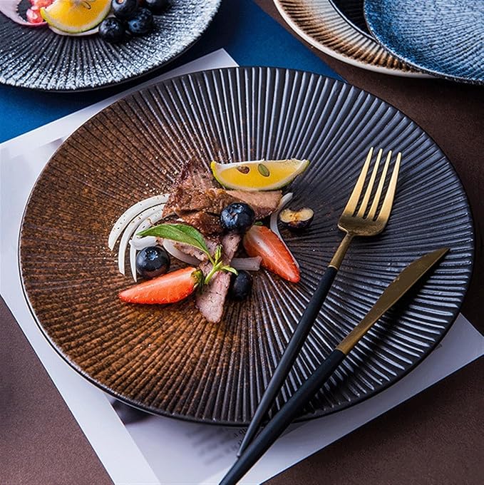 Camping Plates Fruit Tray Ceramic Flat Plate Dessert Plate Salad Plate Dinner Plate Home Tableware Kitchen Restaurant Flat Plate Round Steak Plate Decorative Plate(03,A)