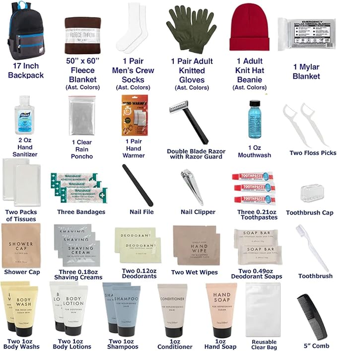 45 Piece Camping Backpack Outdoor Hygiene Kit Essentials, Individually Wrapped Personal Hygiene Kits for Homeless Men, Women (12 Kits of 45 Pieces)