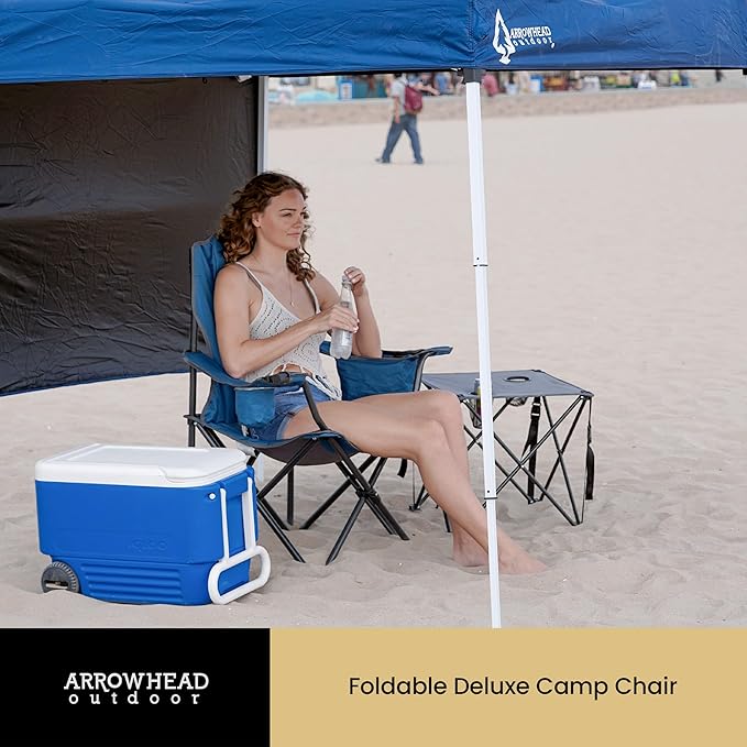 ARROWHEAD OUTDOOR Deluxe Folding Camp Chair – 550lb Capacity Heavy-Duty Quad Chair with Integrated Cooler, Headrest, and Dual Cup Holders.