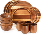 Maxdot 16 Pcs Acacia Wood Dinnerware Set, Round Wooden Plates,Solid Wooden Bowls and Tea Cups, Acacia Wood Tableware Supplies, Easy Cleaning & Lightweight for Dishes Snack, Dessert, Set for 4