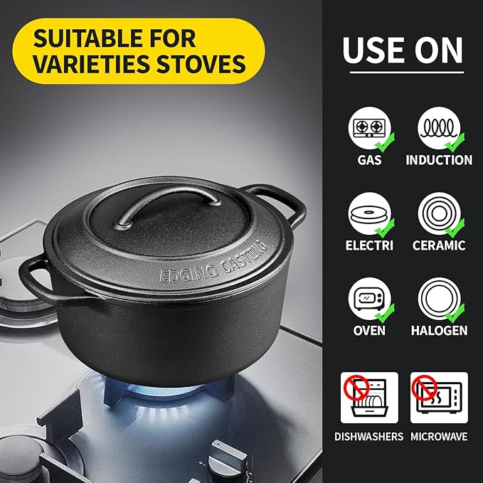Pre-Seasoned Cast Iron Dutch Oven Pot with Lid Dual Handle, Sourdough Bread Baking Pots, Bread Oven, Camping, Grill, Induction, Electric, Round 5 Quart, Black