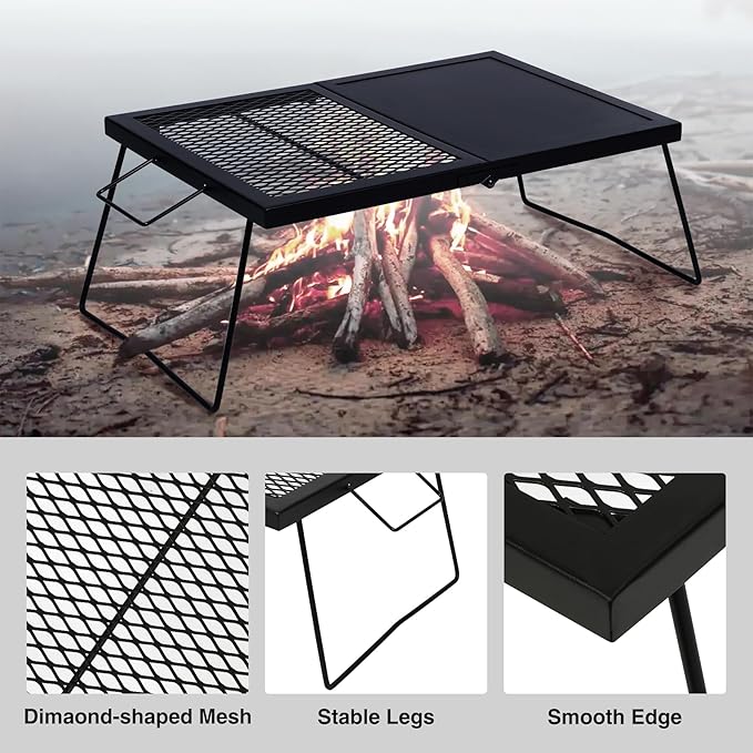 REDCAMP Folding Campfire Grill, Heavy Duty Steel Mesh Grate, 23.6" Portable Camping Grates Over Fire Pit, Campfire Cook Equipment with Legs Carrying Bag, Grilling Rack for Outdoor Open Flame Cooking