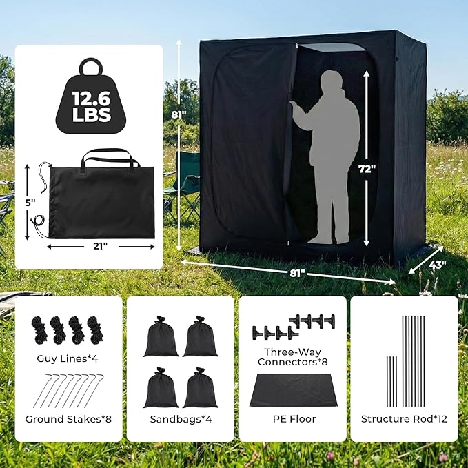 EighteenTek® Shower Tent Camping, 2-Room Portable Changing Room, Outdoor Shower Enclosure, Pop Up Privacy Tent Shelter with Floor & Doors, Waterproof & Lightweight, Camping Toilet Bathroom