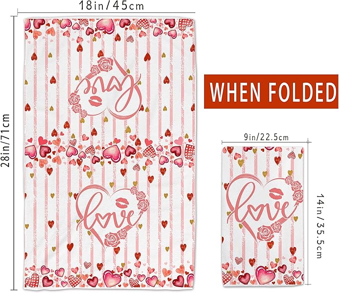 Valentines Day Kitchen Towels, Valentine Towels Set of 2, Gnomes Love Hearts Roses Happy Valentine's Day Hand Dish Tea Towels for Bathroom Housewarming Gifts Decorations for Home (18x28 Inches)