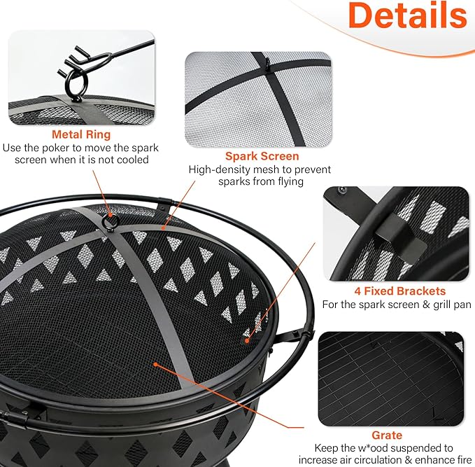 32 Inch Fire Pit Outdoor Burning Stove, 2 in 1 Metal Round Fireplace for Outside Bonfire Party, BBQ, Camping, Backyard, Patio, Garden w/Fire Poker, Spark Screen, Grate, Cover (Rhombic)