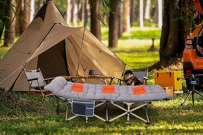 Camping Cot, Heated Camping Cot Folding Cot for Adults with Heated Mattress, Folding Bed, Carry Bag, Pillow & Side Mesh Holders Holds Weights Up to 500Lbs (Set of 2 Grey)
