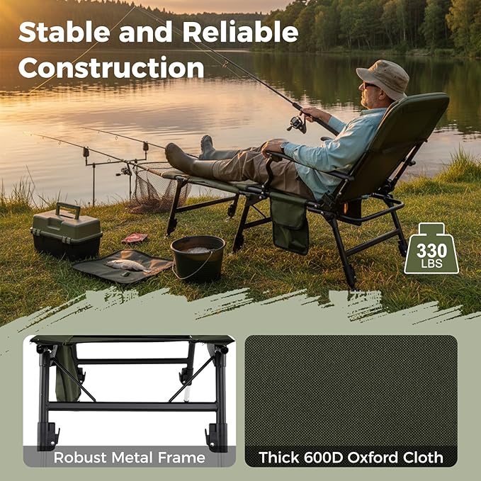 Goplus Oversized Foldable Fishing Chair for Adults, Heavy Duty All-Terrain Camping Chair with Detachable Footrest, Padded High-Back, Armrest, Adjustable Feet, Portable Recliner for Outdoor Patio Beach