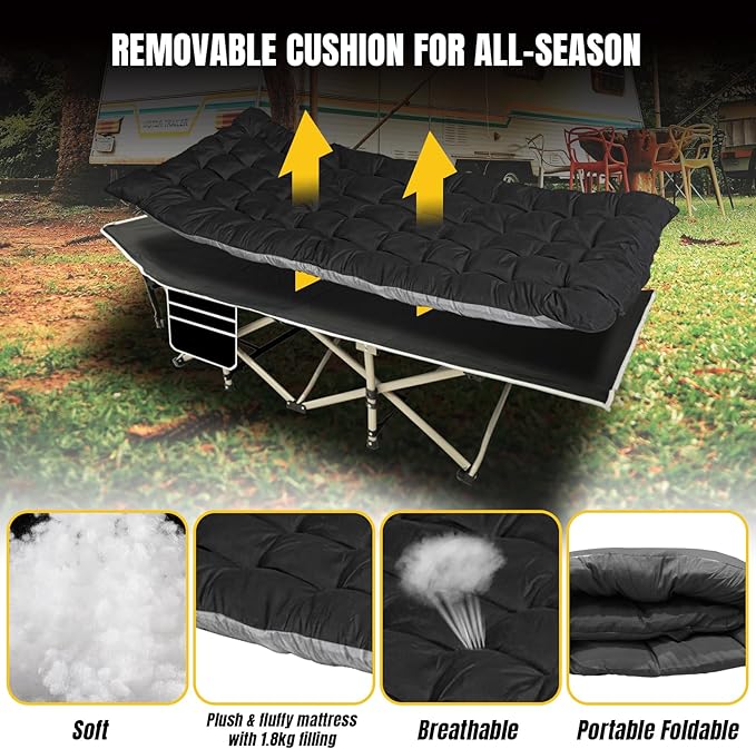 YELLOW JACKET Folding Camping Cot for Adults,600LBS Max Load,28" Wide Sleeping Cot with Removable Thick Mattress Portable Foldable Camping Bed with Carry Bag for Camp,Home,Office,Travel,Black