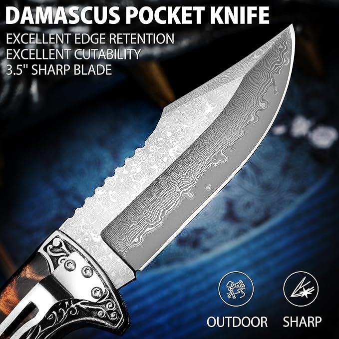 VALHALLA MAGE Damascus Pocket Knife, 3.5'' Sharp Blade Pocket Folding Knife with Back Lock, Cool EDC Pocket Knife with Clip For Men Collector