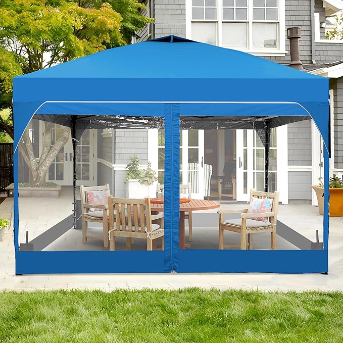 GDY 10x10 FT Pop Up Canopy Tent with One Push Setup,Setup Gazebo with 4 PVC Transparent Sidewalls,Easy Carry for Events, Parties, Camping, Blue.