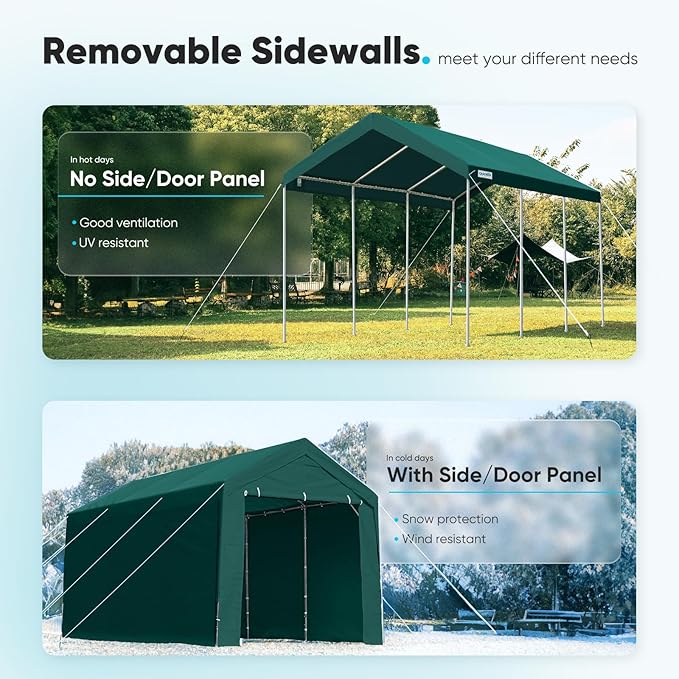 ADVANCE OUTDOOR 10x20 ft Heavy Duty Carport Garage Shelter, Adjustable Height (6.5-11ft) Waterproof Canopy with Removable Sidewalls for Cars, RV, Boat, Truck, Party - Green