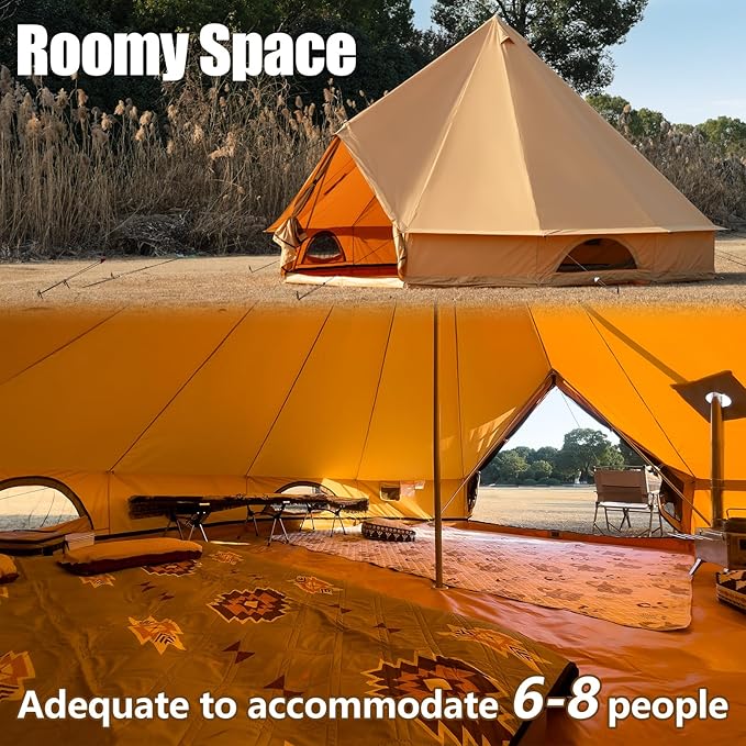 Cotton Canvas Bell Tent with Stove Jack, Roomy Yurt for Family Glamping Camping, 4 Season Tent with Zipped Removable Floor