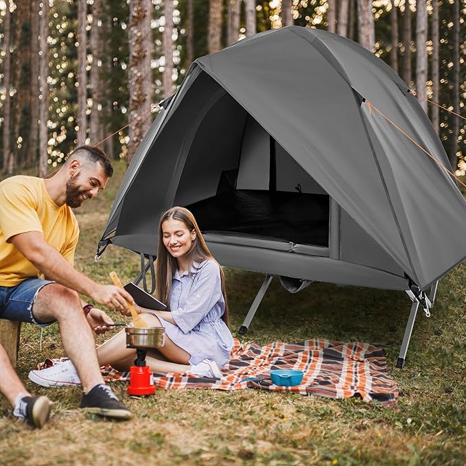 Tangkula 2 Person Tent Cot, Portable Off Ground Elevated Camping Tent with Cot, Removable Rainfly, Wheeled Bag, Stakes & Wind Ropes for Beach, Picnic, Hiking, Travel